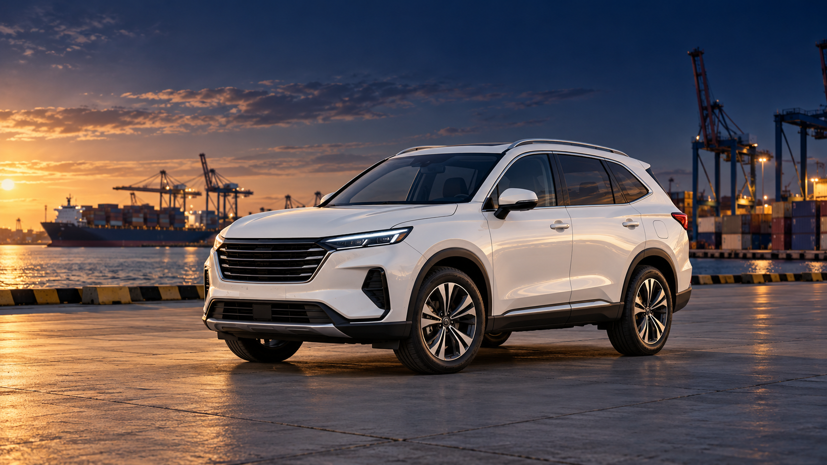 Illustrative unbranded white SUV at a shipping port in evening light